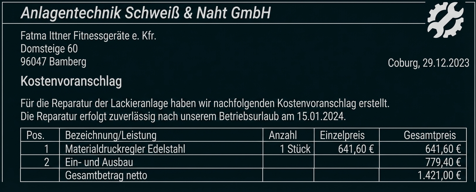 Kostenvoranschlag mit Tabelle, Positionen, Stückzahl und Einzel- sowie Gesamtpreisen, Gesamtsumme 1.421,00 €
